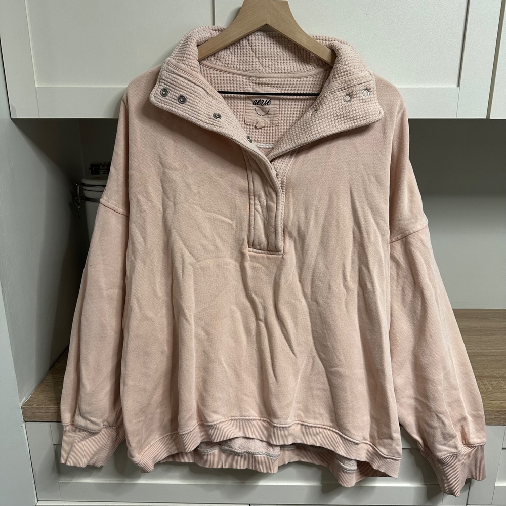 Aerie Sweatshirt Women Large Pink Snap Neck Waffle Trim Quilted Mock Pullover